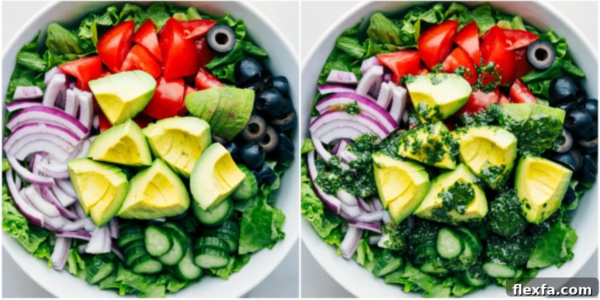 All the salad ingredients being combined in a large bowl, with the freshly made dressing being poured over.