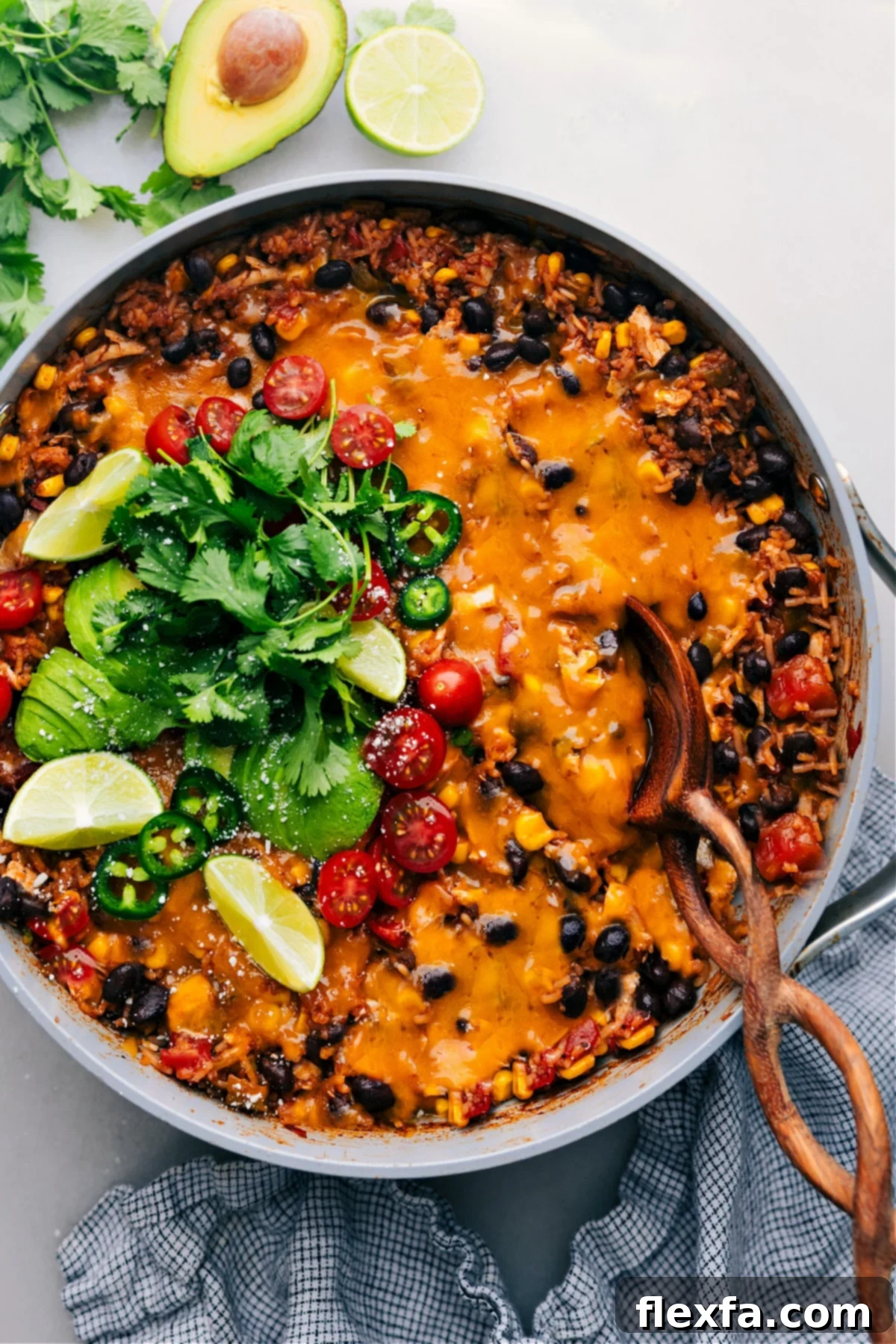 Delicious One-Pot Burrito Bowls simmering in a skillet, ready to be served.