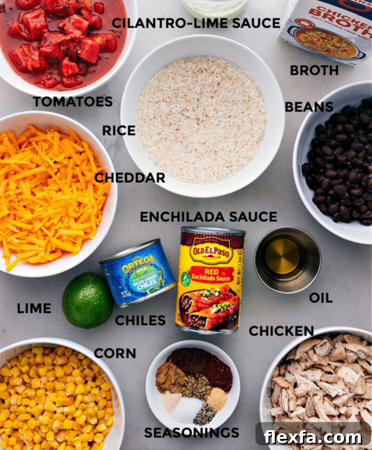 All the fresh and pantry ingredients laid out for easy assembly of the One-Pot Burrito Bowls.