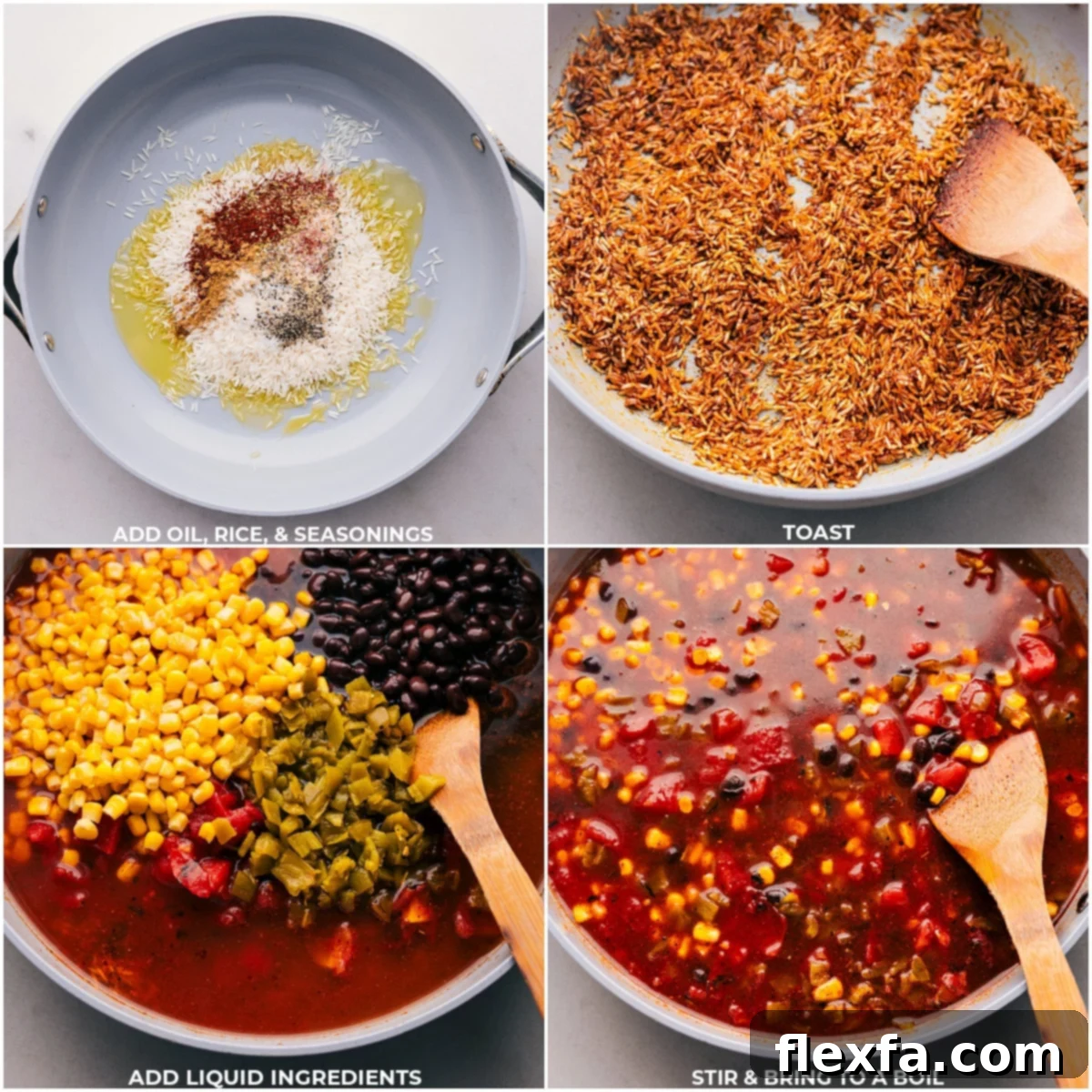 Oil, rice, and seasonings being toasted together, then all the liquid ingredients being added to the pot and brought to a boil for these One-Pot Burrito Bowls.