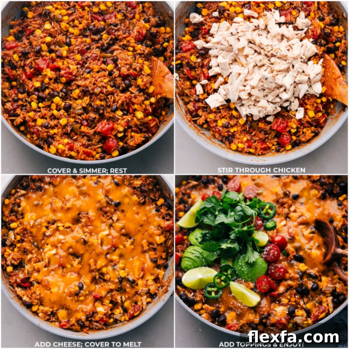 Cooked chicken being mixed into the burrito bowl skillet, with shredded cheese melting over the top.