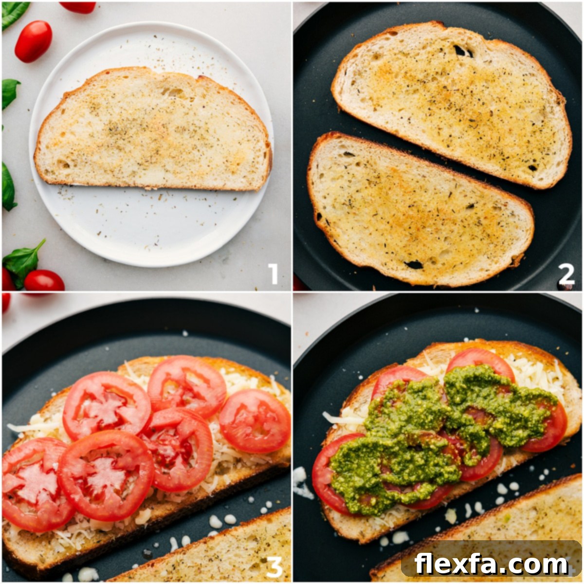 The process of making Caprese Grilled Cheese, showing bread being buttered and seasoned, cooked in a skillet, and then assembled with cheese, tomatoes, and pesto.