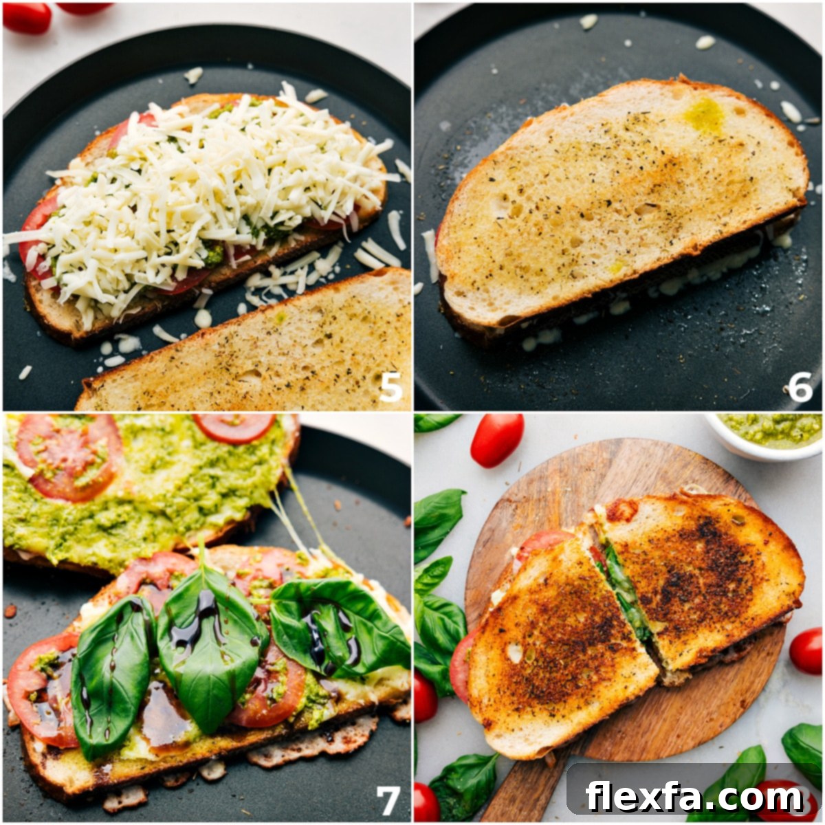 The Caprese Grilled Cheese recipe being cooked in a skillet until golden brown and the cheese is melted, ready to be served.