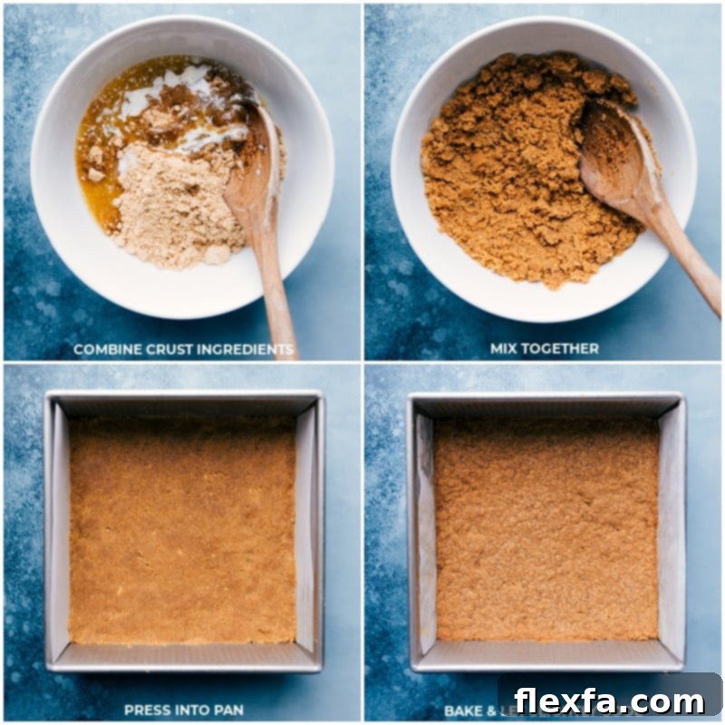 Creating the perfect graham cracker crust for vanilla cheesecake bars. Process shots showing graham cracker crumbs being mixed with butter and pressed into a baking pan for the crust.