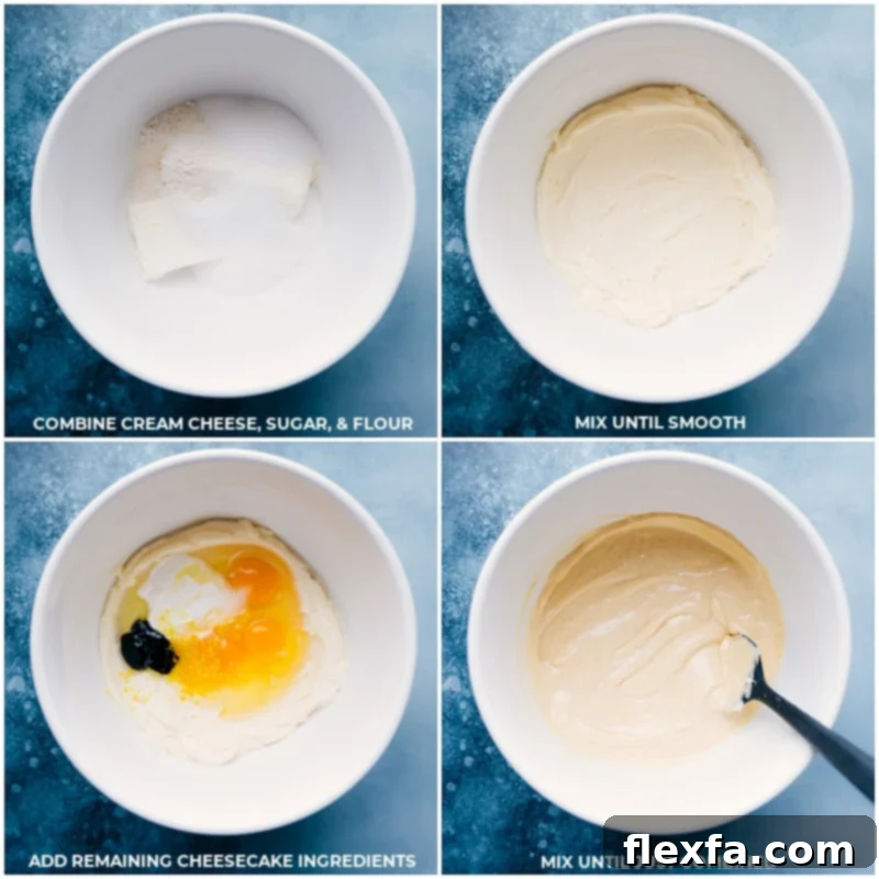 Mixing the smooth and creamy vanilla cheesecake filling. Process shots showing cream cheese, sugar, and flour being mixed, followed by the addition of eggs, sour cream, vanilla, lemon zest, and lemon juice for the cheesecake filling.
