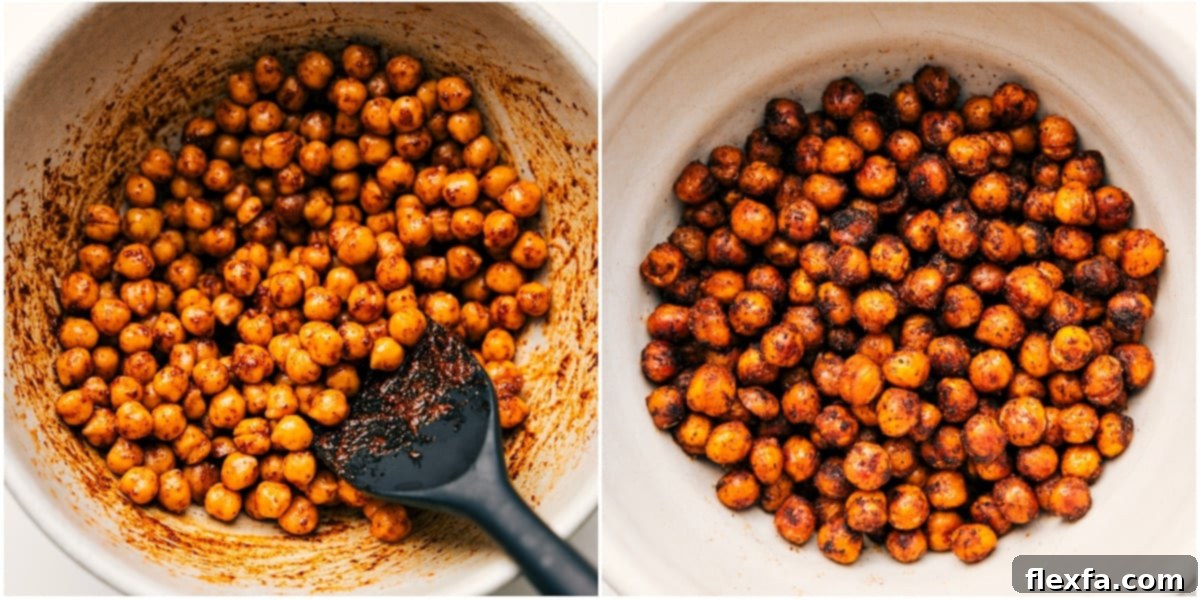 Chickpeas coated in aromatic spices and roasted until perfectly crisp and golden, ready to be added to this Mediterranean chickpea salad.