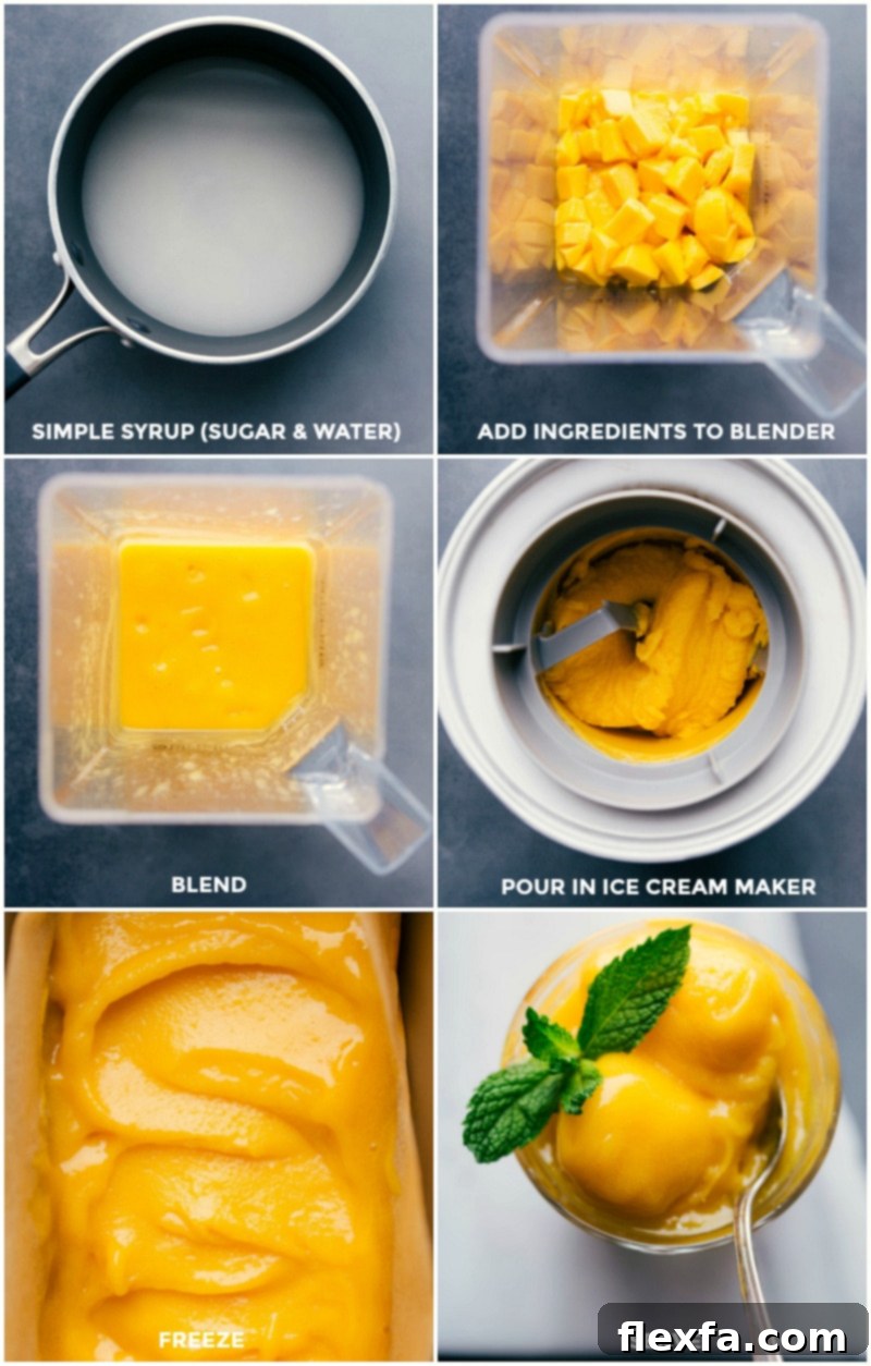 Process shots-- making simple syrup; blending syrup with mangoes; freezing to make Mango Sorbet.