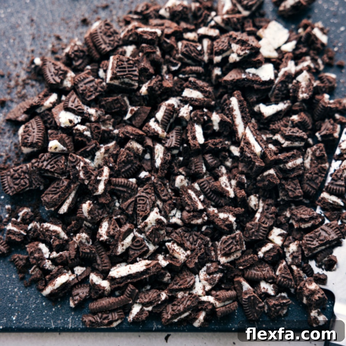 Easy Oreo Fluff Preparation Oreos chopped and ready to be added to the oreo fluff mixture.