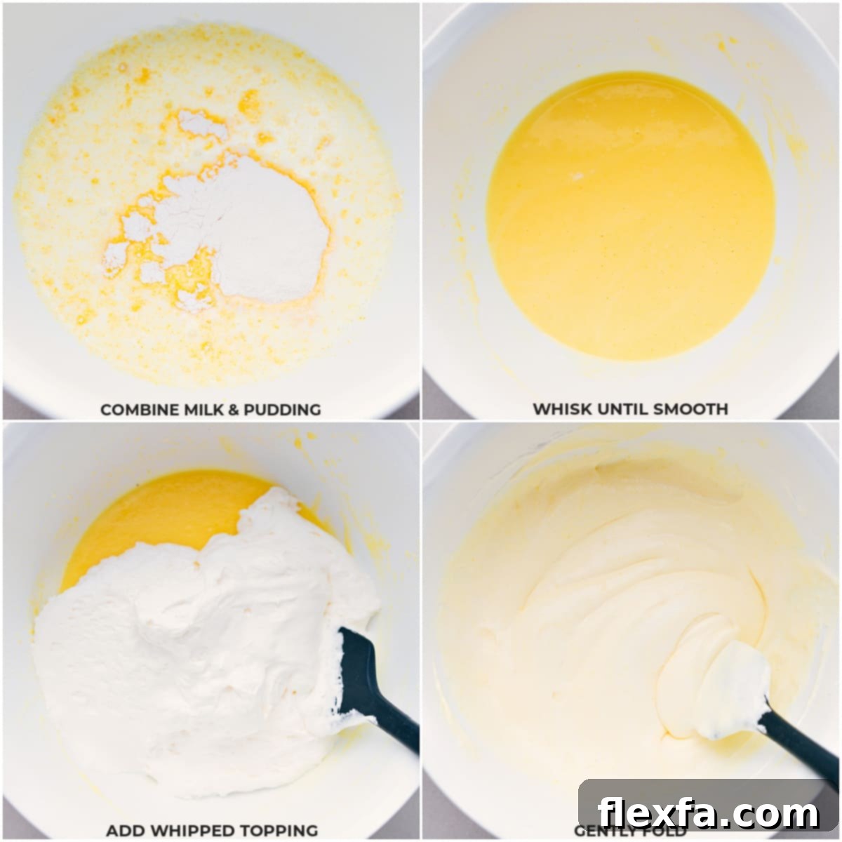 No Bake Oreo Fluff Base Milk, pudding, and whipped cream being mixed together in a bowl to form the creamy base of the Oreo Fluff.