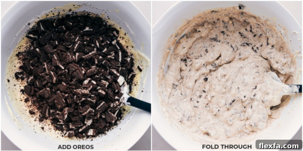 No-Bake Oreo Dream Fluff 3 Crushed Oreos being gently added and folded into the creamy fluff mixture.