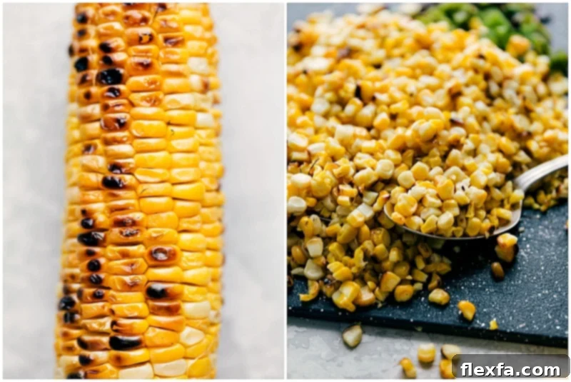 Preparing Creamy Corn Salad: Grilled Corn Kernels Being Removed for Recipe Grilled corn on the cob, with kernels being expertly sliced off, ready to be incorporated into the creamy corn salad recipe, highlighting the freshness and preparation.