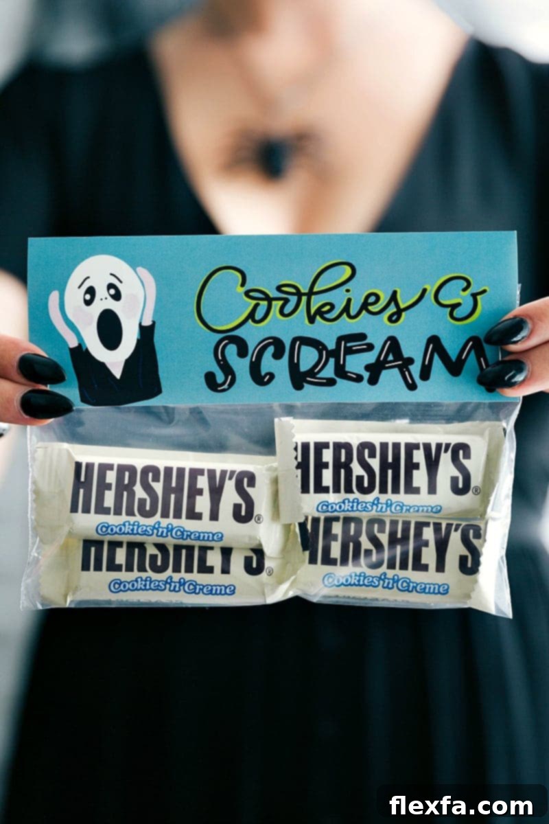 Cookies And Scream Halloween Treat Bags Free Halloween Treat Bag Toppers: Cookies And Scream, featuring fun size candy bars for an easy Halloween favor.