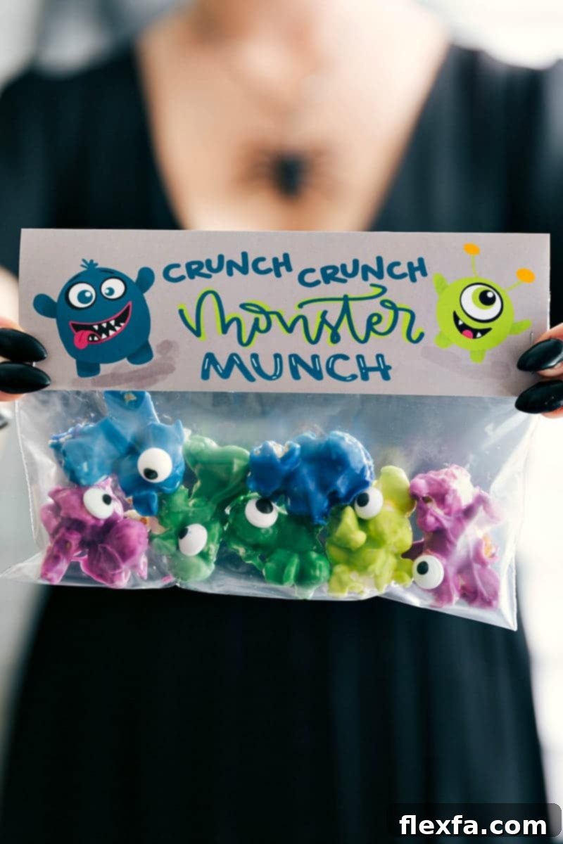 Crunch Crunch Monster Munch: Homemade Halloween Treat Crunch Crunch Monster Munch: A colorful, homemade Halloween popcorn snack with candy eyeballs.