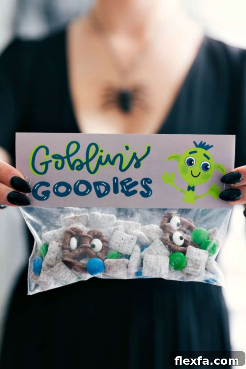 6 fun and festive easy Halloween bags filled with delicious treats! These candies/treats are put in a snack-size ziplock bag and you can staple on the FREE printable bag toppers! via chelseasmessyapron.com #halloween #gift #favor #party #dessert #candy #treat #easy #quick #free #printable #witch #pumpkin #dracula #zombie #mummy #ghost #skeleton #monster #zombies #kids #healthy #healthier #simple #fun #halloween #decor Goblin Goodies Halloween treat bag featuring muddy buddies with green and blue M&Ms and chocolate-covered monster pretzels, with a matching printable topper.