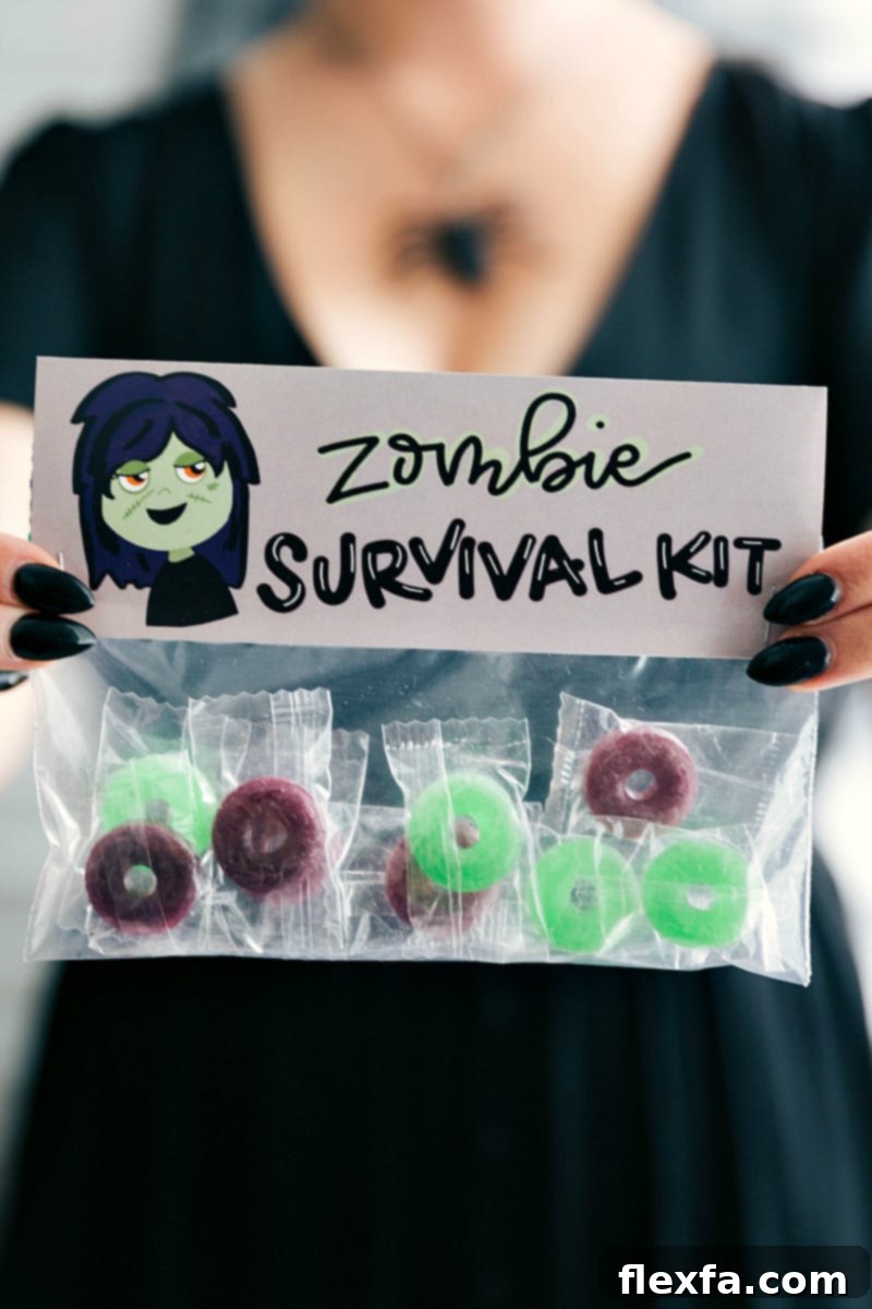 6 fun and festive easy Halloween bags filled with delicious treats! These candies/treats are put in a snack-size ziplock bag and you can staple on the FREE printable bag toppers! via chelseasmessyapron.com #halloween #gift #favor #party #dessert #candy #treat #easy #quick #free #printable #witch #pumpkin #dracula #zombie #mummy #ghost #skeleton #monster #zombies #kids #healthy #healthier #simple #fun #halloween #decor Zombie Survival Kit Halloween treat bag filled with Lifesavers candies, featuring a 'Zombie Survival Kit' printable topper.
