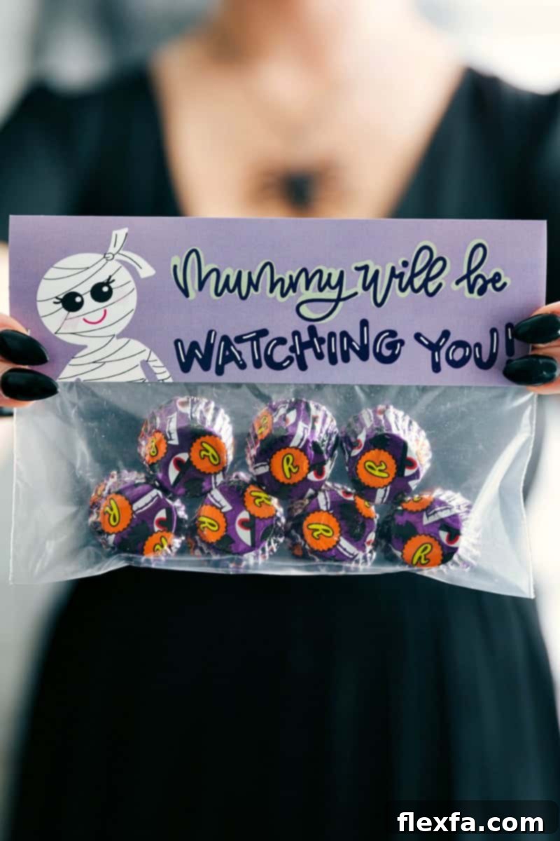 6 fun and festive easy Halloween bags filled with delicious treats! These candies/treats are put in a snack-size ziplock bag and you can staple on the FREE printable bag toppers! via chelseasmessyapron.com #halloween #gift #favor #party #dessert #candy #treat #easy #quick #free #printable #witch #pumpkin #dracula #zombie #mummy #ghost #skeleton #monster #zombies #kids #healthy #healthier #simple #fun #halloween #decor Mummy Will Be Watching You Halloween treat bag filled with candy eyeballs or Reese's cups, topped with a 'Mummy Will Be Watching You' printable.