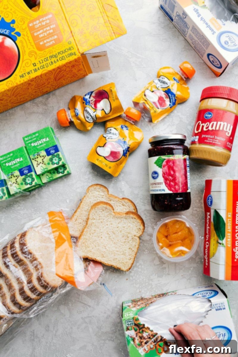 A variety of healthy ingredients laid out to prepare school lunches, including fresh fruits, vegetables, whole grains, and lean proteins.
