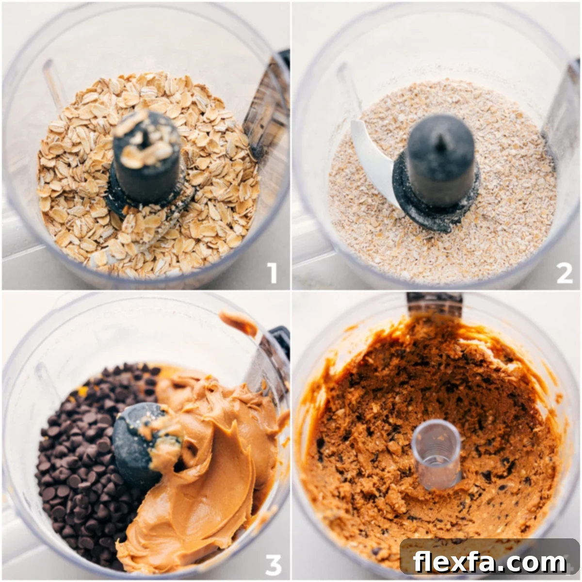 All the measured ingredients for these homemade protein bars added to a food processor, ready to be pulsed and combined into a cohesive dough.