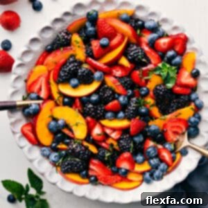 A close-up of the delicious Peach Fruit Salad in a serving bowl.