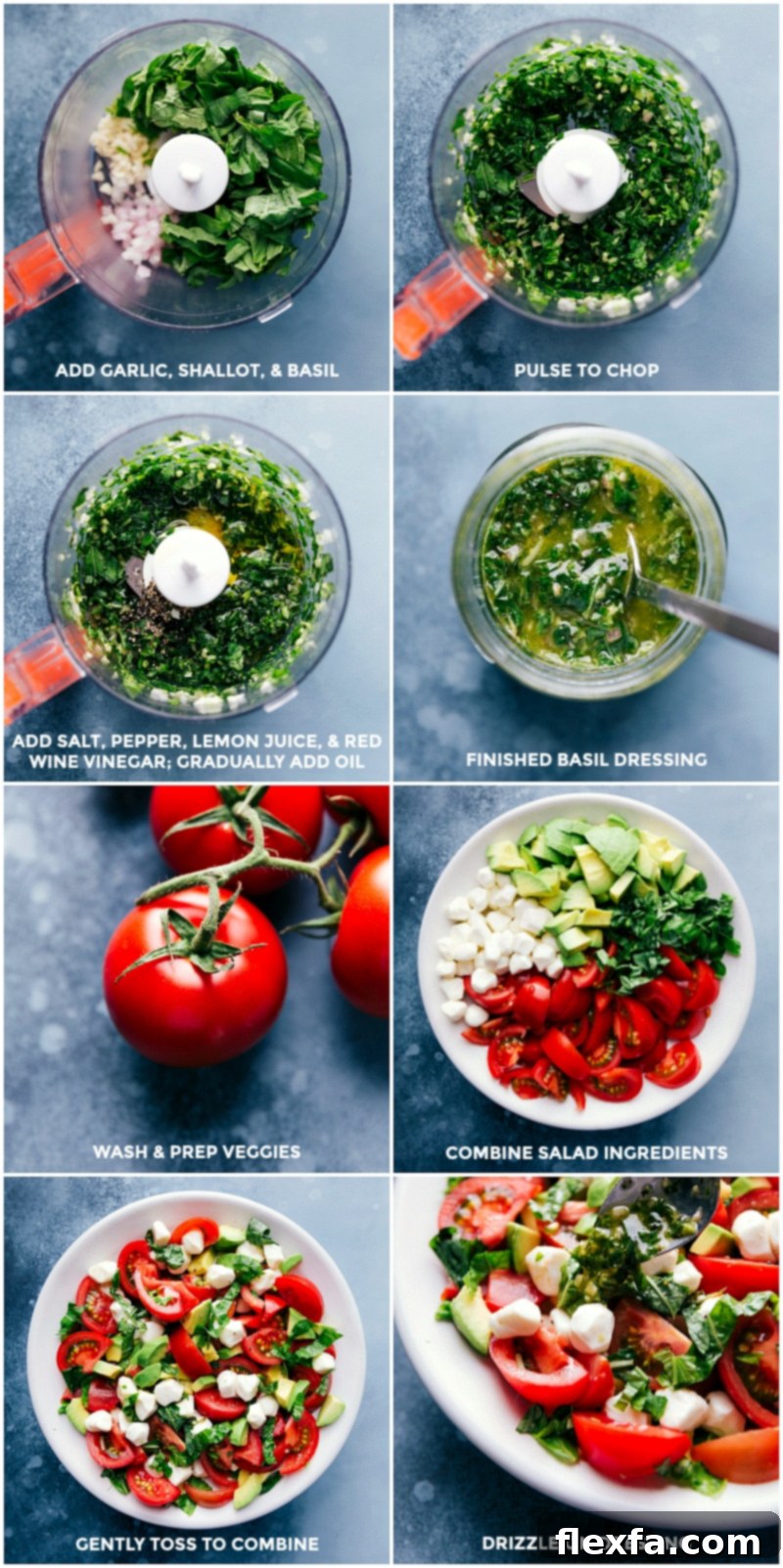 A three-panel image showing the steps: first, fresh basil, garlic, and shallot being blended for the dressing; second, halved tomatoes, mozzarella pearls, and sliced avocado being added to a large bowl; third, the dressed Caprese salad tossed and ready to serve, garnished with fresh basil.
