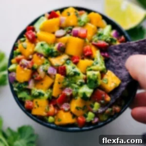 Final plated Mango Salsa with tortilla chips