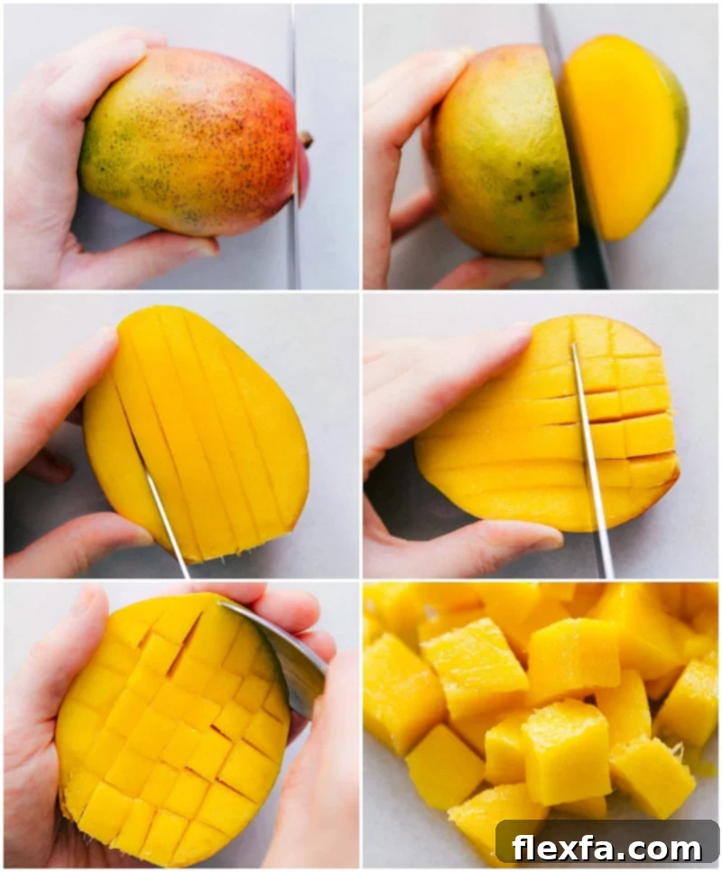 Overhead image showing how to properly cut a mango, demonstrating the key steps.
