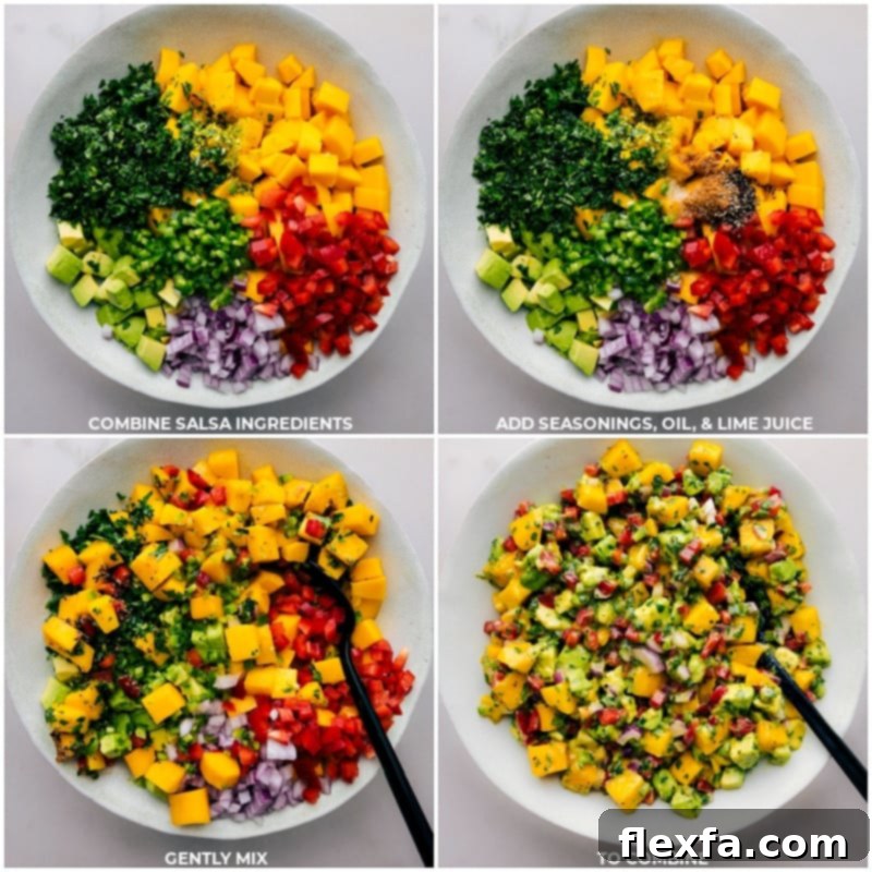 Process shots of Mango Salsa being mixed in a bowl, showing the vibrant colors of the ingredients combined.