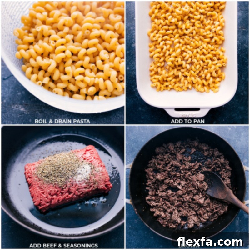 Process shots showing pasta being drained into a baking dish, followed by seasoned ground beef being added.