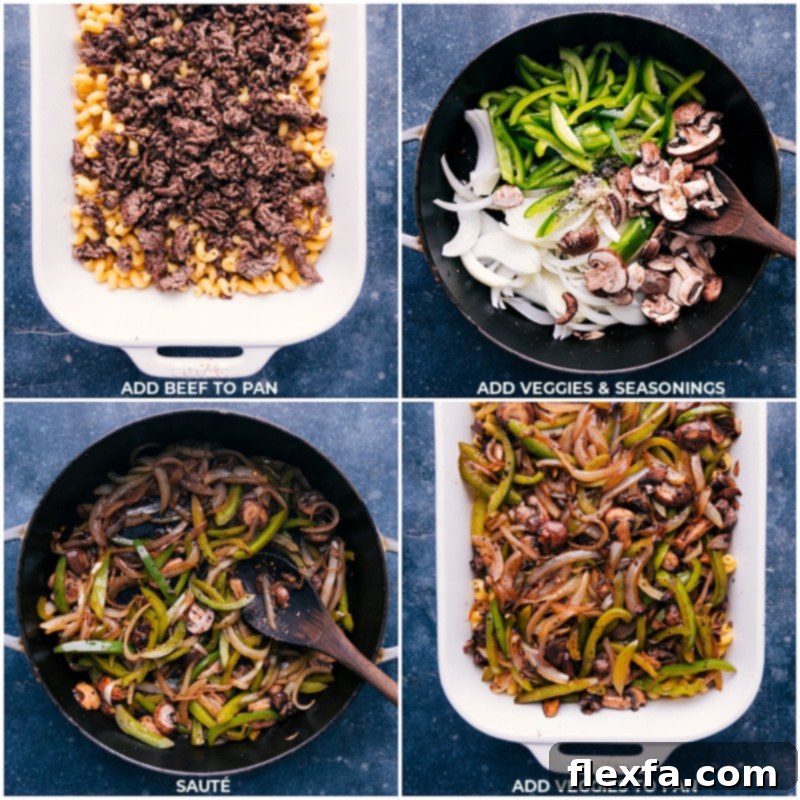 Process shots showing ground beef being browned in a cast-iron skillet, followed by cooking sliced bell peppers and onions in the same pan.