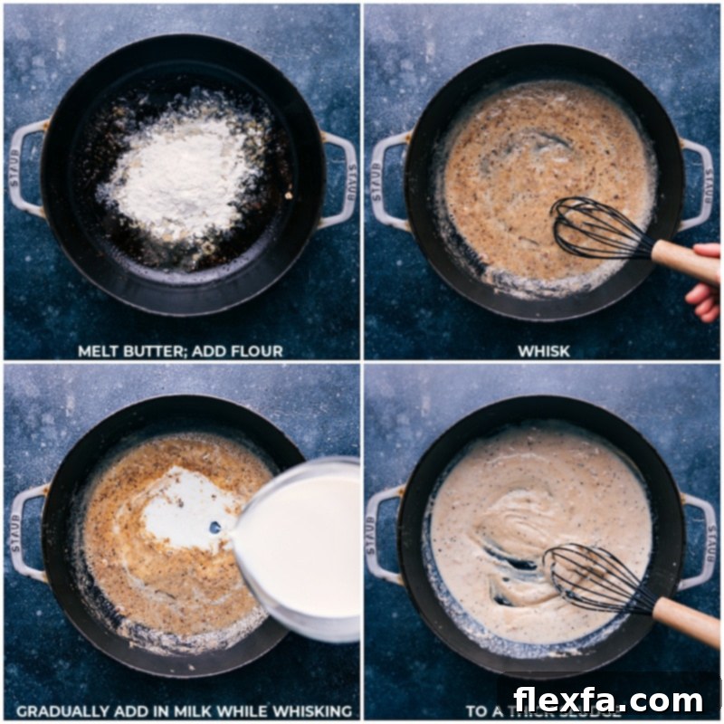 Process shots showing butter, flour, and milk being whisked together in a pan to create a roux for the cheese sauce.