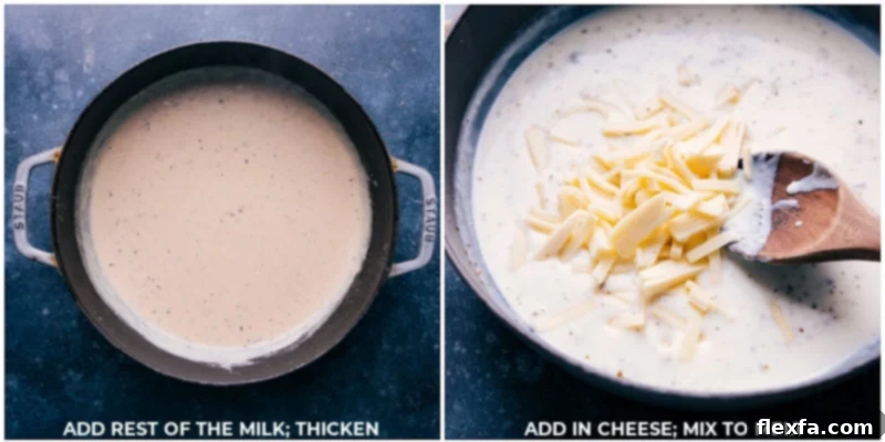 Process shot of provolone cheese being added to a creamy white sauce in a cast-iron pan.