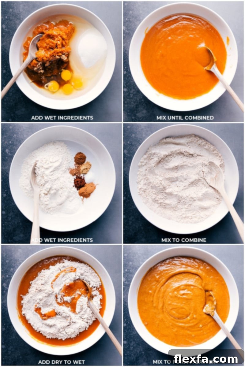 The process of preparing pumpkin cake batter. Wet ingredients are being mixed in a large glass bowl, while dry ingredients are measured out next to it, showcasing the initial steps for creating a smooth and delicious batter.