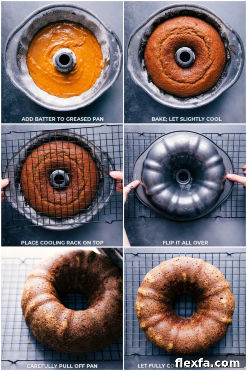 A freshly baked pumpkin Bundt cake, golden brown and perfectly risen, cooling on a wire rack. The cake is removed from its pan and allowed to cool completely before the cream cheese frosting is applied.