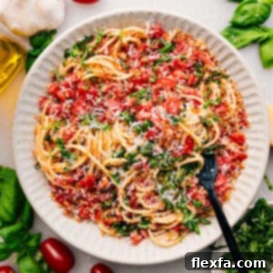 Delicious Bruschetta Pasta dish, ready to be served.