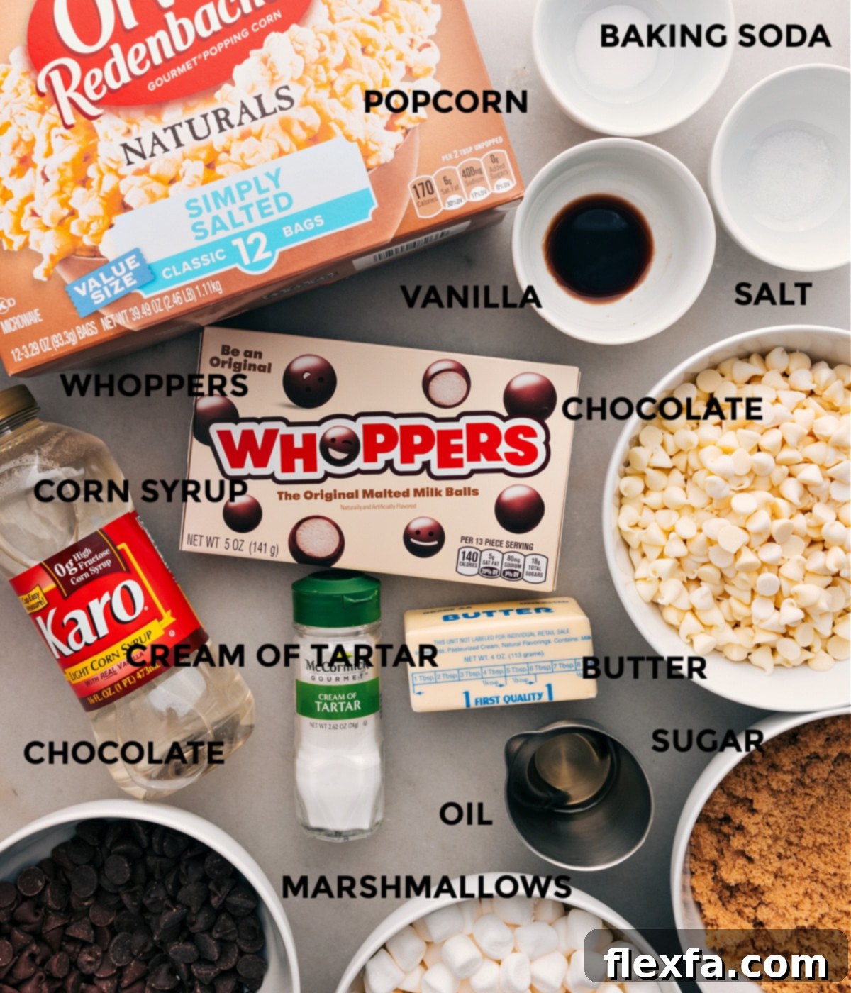 Ingredients In Gourmet Chocolate Popcorn All the ingredients in this recipe are prepped for easy assembly: baking soda, salt, vanilla, popcorn, Whoppers, chocolate, cream of tartar, sugar, corn syrup, and butter.