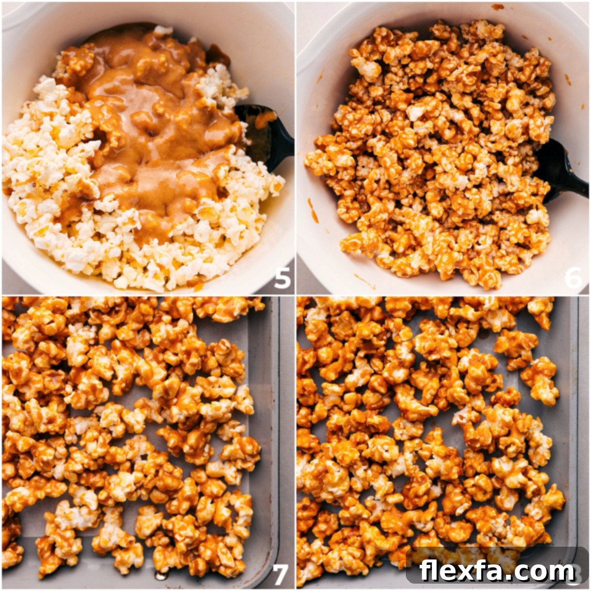 Gourmet-style Caramel Corn Chocolate Popcorn Recipe Mix the caramel sauce with the popped popcorn, then spread it on a sheet pan to bake.