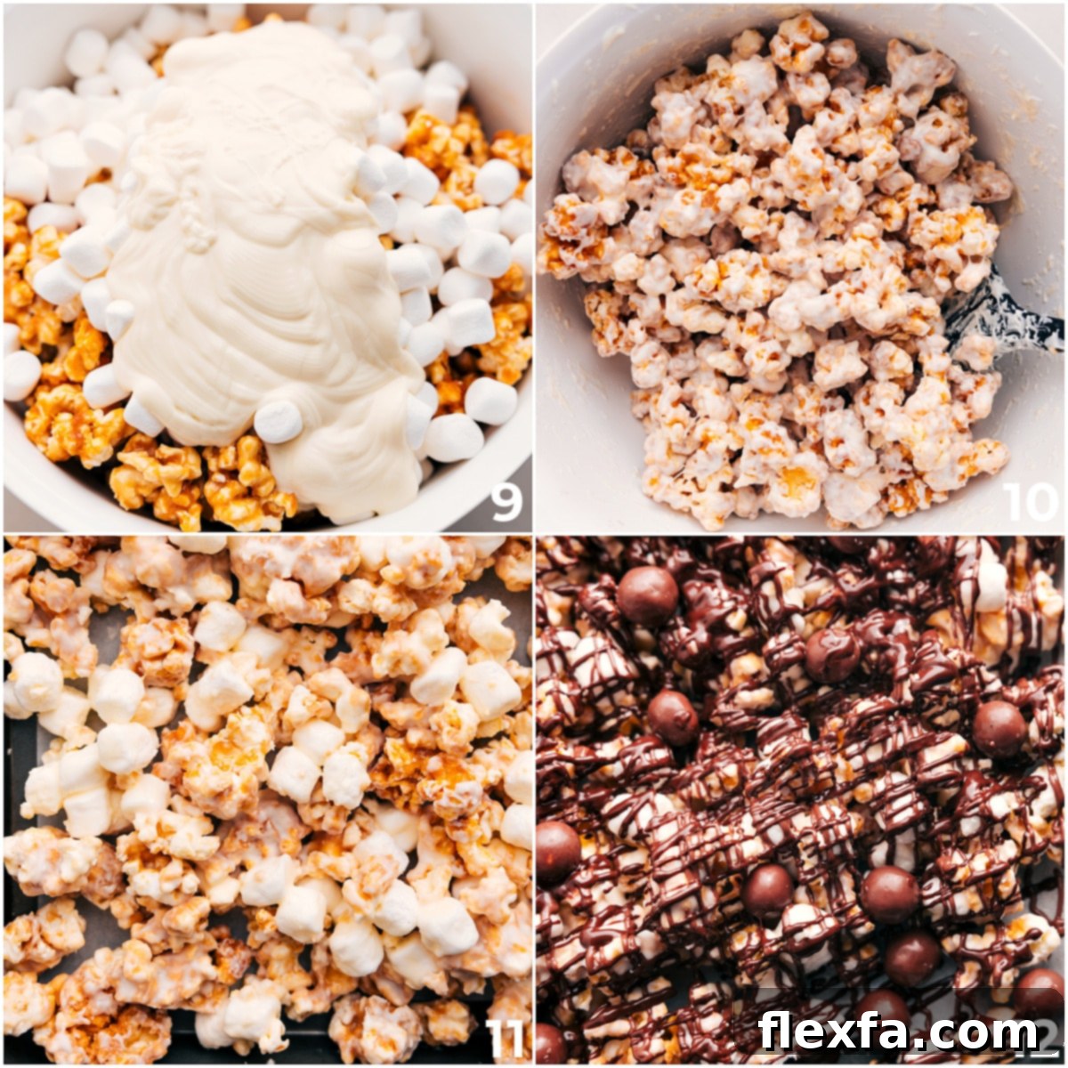 Two Kinds Of Chocolate Popcorn Recipe Mix white chocolate and marshmallows into the mix, drizzle with chocolate, and top with Whoppers.