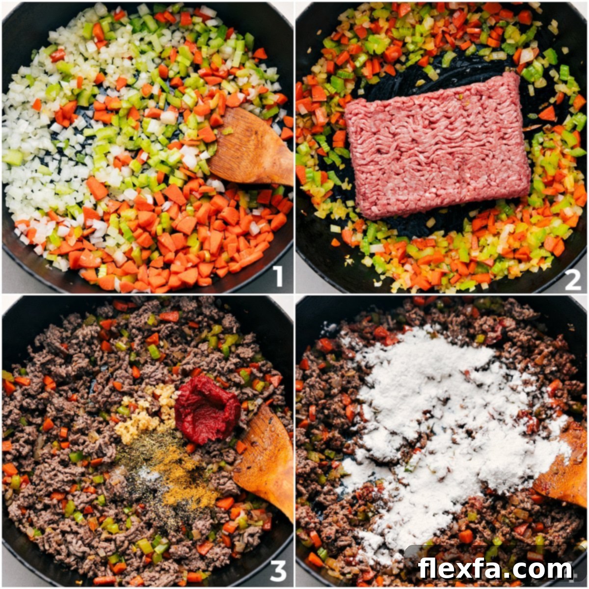 Step-by-step process of making the ground beef shepherd's pie filling: sautéing vegetables, browning ground beef, then adding garlic, seasonings, tomato paste, and flour to create a rich base.