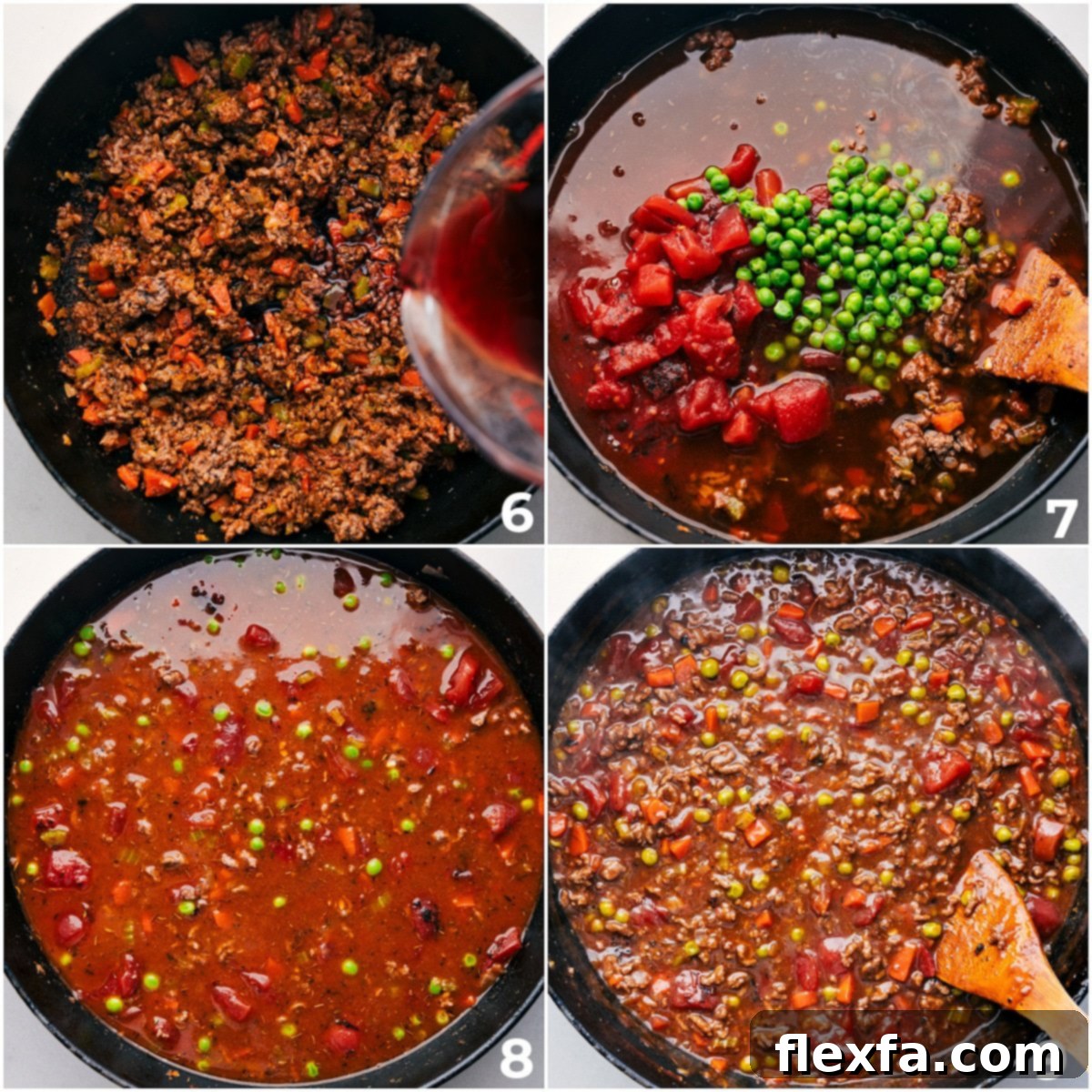 The beef and vegetable filling simmering in a skillet with grape juice, beef broth, diced tomatoes, and peas, creating a rich, savory gravy.