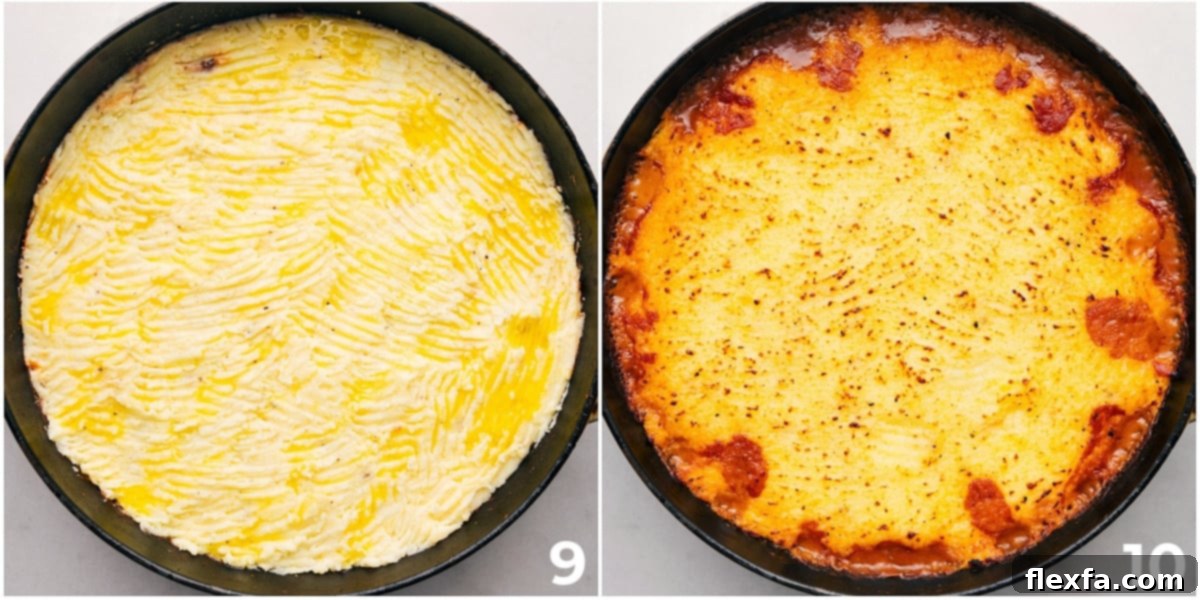Creamy mashed potatoes being carefully spread over the savory ground beef filling, ready for baking to golden perfection in the oven.