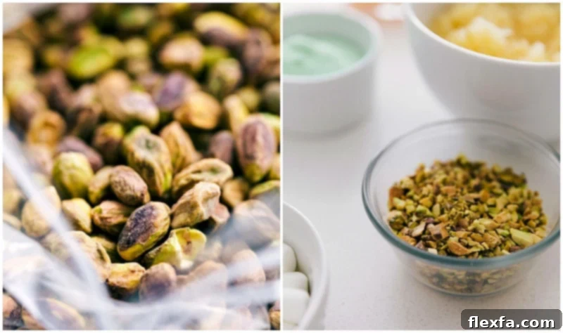 Preparing Pistachios for Recipe Whole and chopped pistachios ready for adding to the recipe.