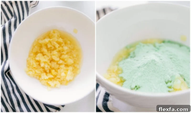 Creamy Pistachio Dream Salad 4 Mixing pineapple and pistachio pudding for Watergate salad recipe.