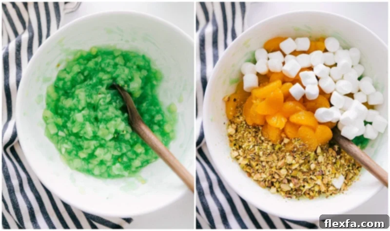 Creamy Pistachio Dream Salad 5 Adding marshmallows, pistachios, and mandarin oranges to the pudding and pineapple mixture.