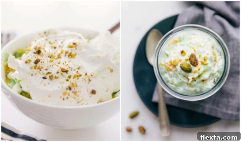 Creamy Pistachio Dream Salad 6 Carefully topping Watergate salad with a generous dollop of whipped topping and a sprinkling of crunchy pistachios for a delightful finish.