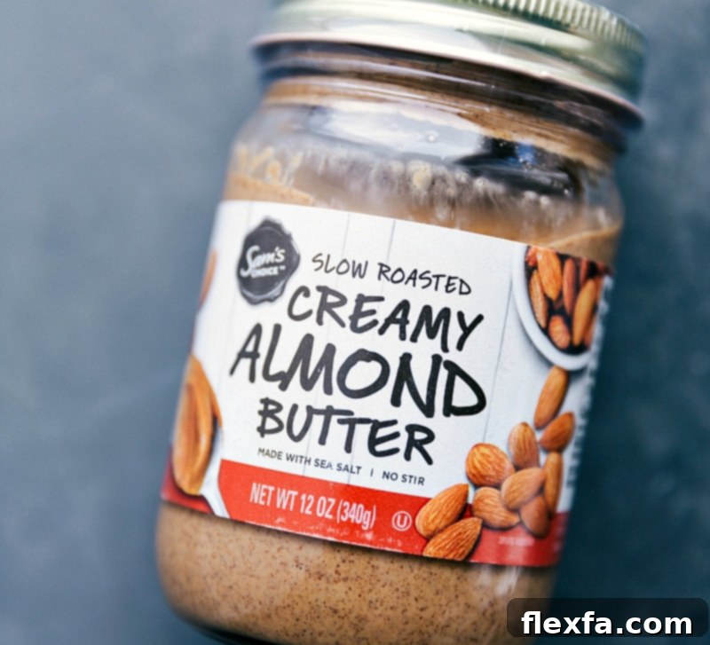 High-Quality Creamy Almond Butter for Brownie Batter Overnight Oats A jar of the preferred creamy almond butter used in this recipe.