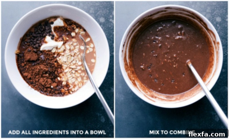 Step-by-Step Preparation: Mixing Brownie Batter Overnight Oats Ingredients All the ingredients for overnight brownie batter oats in a bowl; followed by the process of combining these ingredients.
