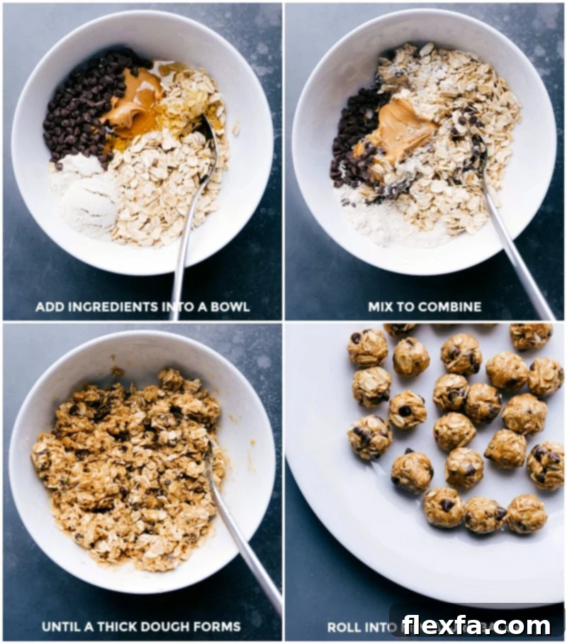 Hands rolling a batch of peanut butter cookie dough into small, perfectly round mini balls on a clean surface, preparing them to top peanut butter cookie overnight oats.
