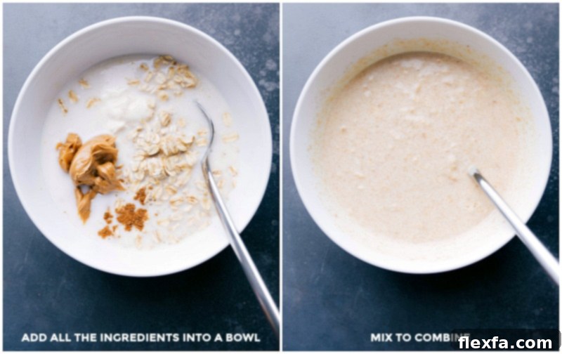 A collection of measured ingredients for Peanut Butter Cookie Overnight Oats in a bowl, being mixed together with a spoon to form the base mixture.