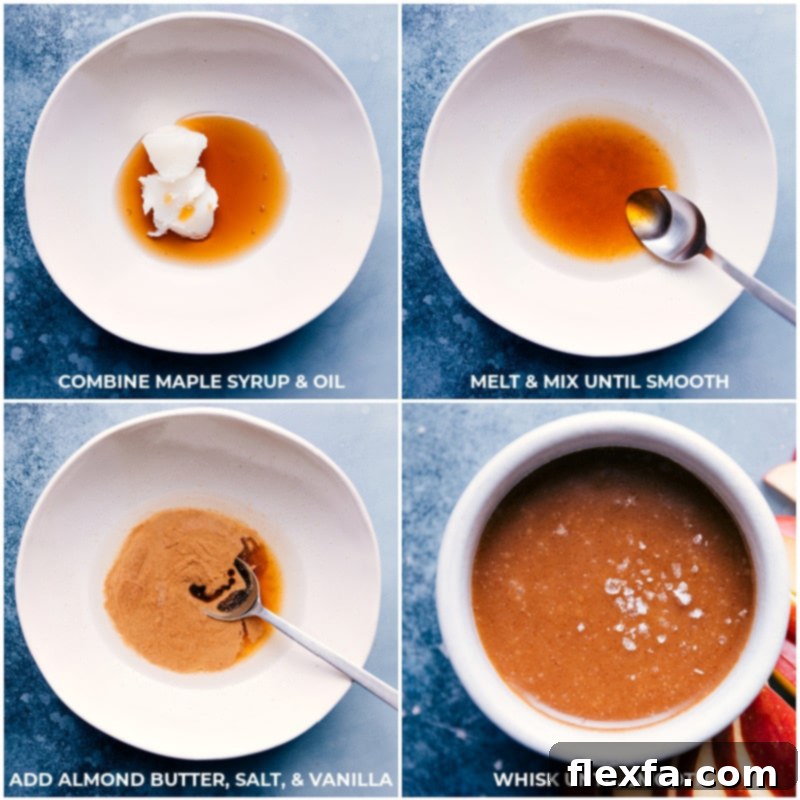 Process of making healthy caramel sauce, melting oil and maple syrup