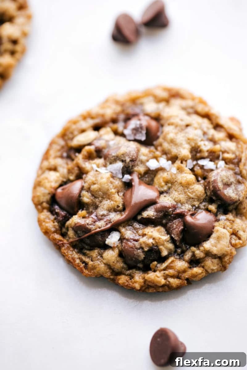 The Absolute Best Oatmeal Chocolate Chip Cookies: Soft, Chewy, Buttery, and Irresistibly Chocolatey. Perfect Every Time! Soft, chewy, and buttery Oatmeal Chocolate Chip Cookies with an abundance of melty chocolate chips visible, perfectly golden brown.